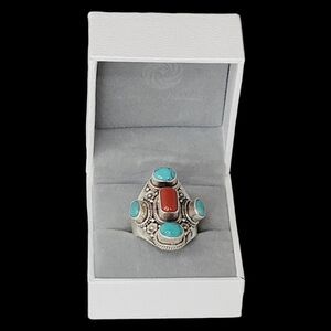 Heavy Native American Turquoise Coral Sterling Silver Ring 9 Adjustable 13.27g